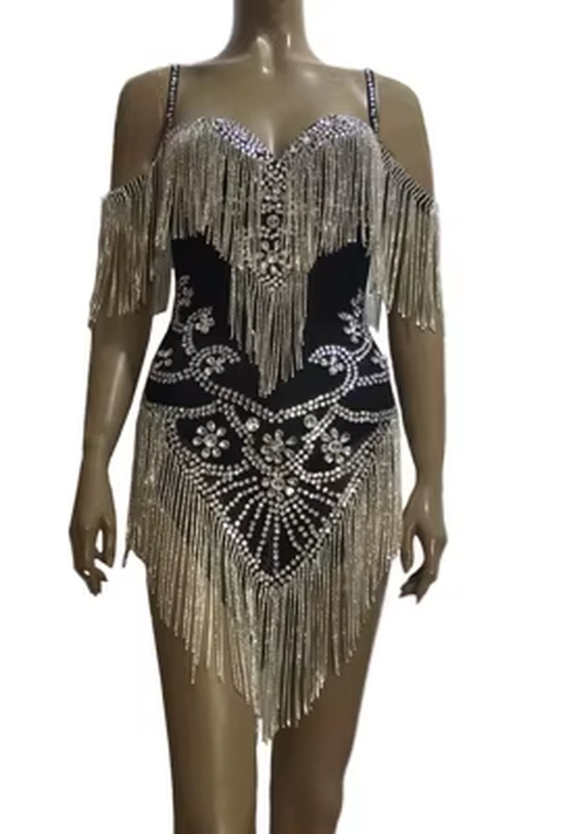 Rhinestones Fringes Mesh Sexy Bodysuit Women Birthday Celebrate Dress Costumes Outfit Prom Birthday Outfit