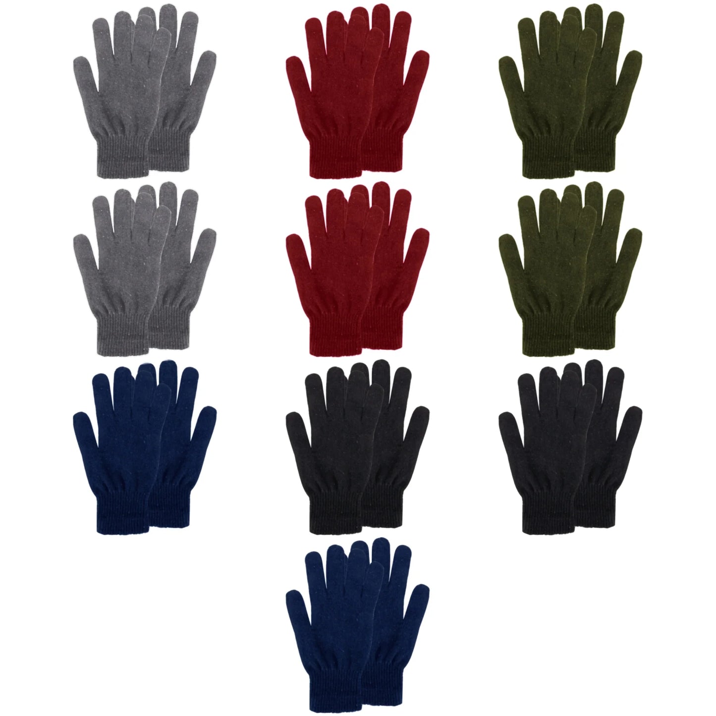 10 Pack of Bulk Wholesale Adult One Size Knit Stretch Cold Winter Weather Gloves for Men, Women, Teens, Homeless, Charity Donations for Harsh Temperatures in Black, Gray, Navy Blue, Red and Green