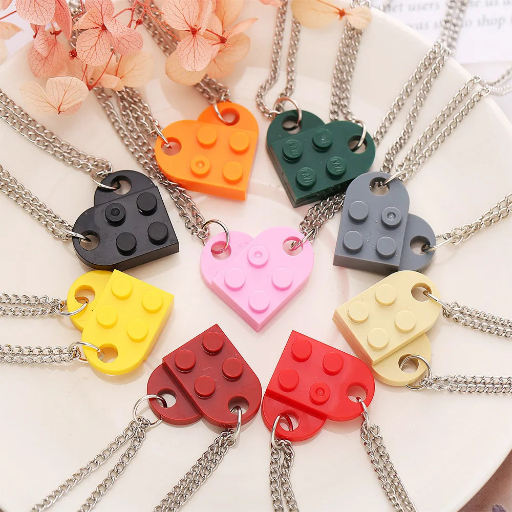 2Pcs Heart Brick Couples Love Necklace for Lovers Women Men Lego Elements Friends Necklaces Valentines Gift Jewelry