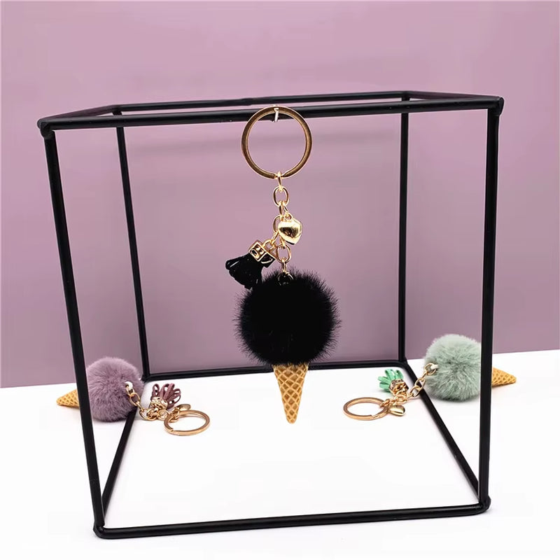 Ice Cream Pendant Rign Keychain Cute Cartoon Keychain Plush Bags Hang Cone Car Key Chain Ring Areata Creative Gift K3164