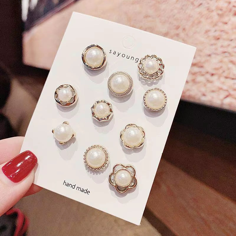 10Pcs/Lot Imitation Pearl Circle Brooch Pins PU Button Women Trendy Metal Sweater Collar Hijab Pin Brooch Jewelry Accessories 35