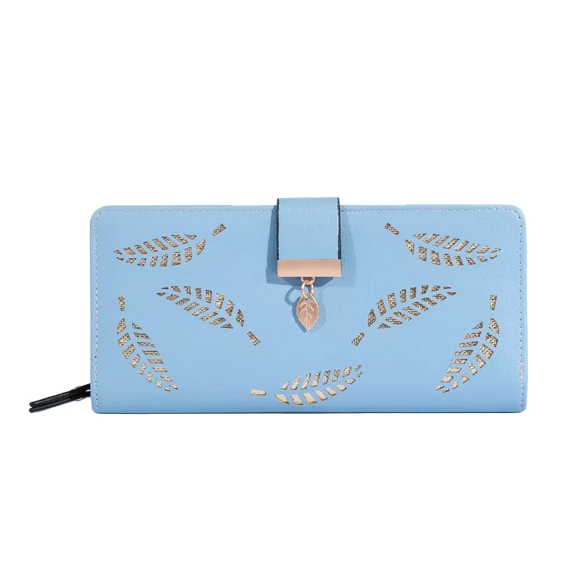 Women Wallet PU Leather Purse Female Long Wallet Gold Hollow Leaves Pouch Handbag for Women Coin Purse Card Holders Clutch