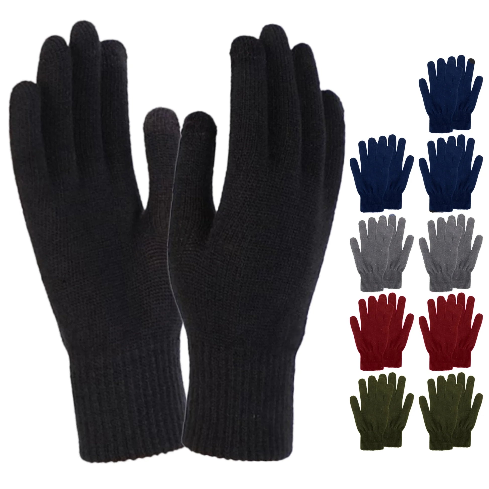 10 Pack of Bulk Wholesale Adult One Size Knit Stretch Cold Winter Weather Gloves for Men, Women, Teens, Homeless, Charity Donations for Harsh Temperatures in Black, Gray, Navy Blue, Red and Green