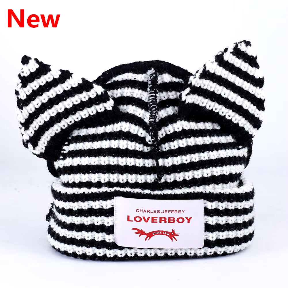 Loverboy Cat Ear Knit Hat Double-Layer Warm Pig Ear Woolen Hat Cute Fashion Hooded Cap Niche Design Hip-Hop Personality Cold Hat