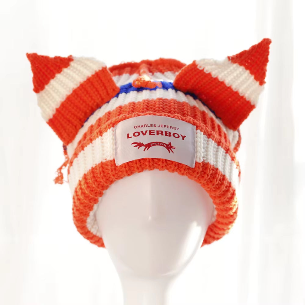 Loverboy Cat Ear Knit Hat Double-Layer Warm Pig Ear Woolen Hat Cute Fashion Hooded Cap Niche Design Hip-Hop Personality Cold Hat