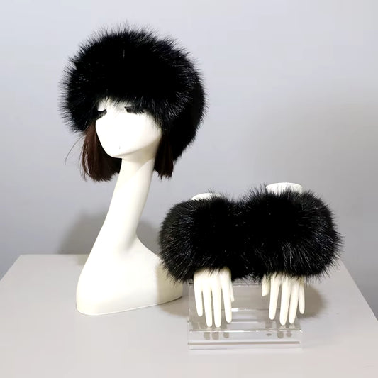 One Set Women Faux Fox Fur Cuffs + Headband Winter Warmer Hat Arm Wrist Sleeve Gloves Female Faux Fur Cap+Elastic Wristband