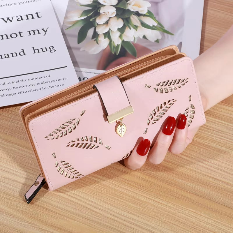 Women Wallet PU Leather Purse Female Long Wallet Gold Hollow Leaves Pouch Handbag for Women Coin Purse Card Holders Clutch