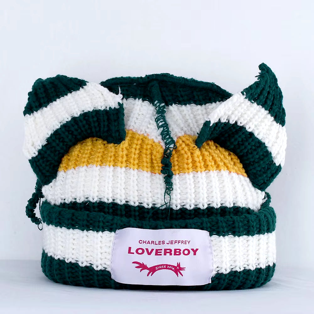 Loverboy Cat Ear Knit Hat Double-Layer Warm Pig Ear Woolen Hat Cute Fashion Hooded Cap Niche Design Hip-Hop Personality Cold Hat