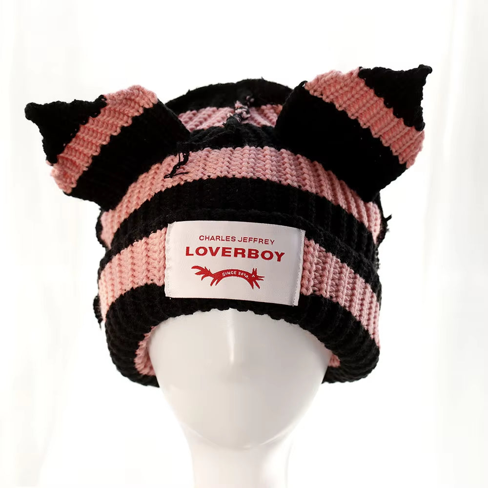 Loverboy Cat Ear Knit Hat Double-Layer Warm Pig Ear Woolen Hat Cute Fashion Hooded Cap Niche Design Hip-Hop Personality Cold Hat