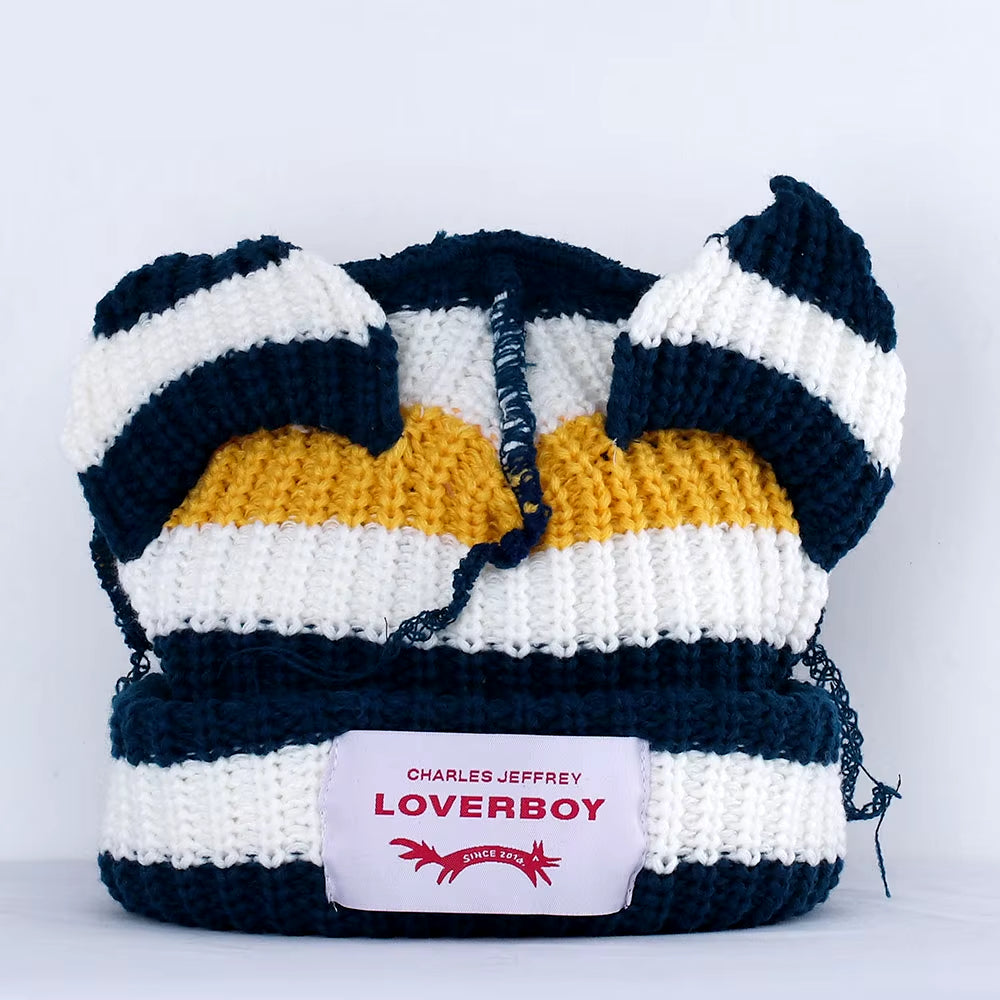 Loverboy Cat Ear Knit Hat Double-Layer Warm Pig Ear Woolen Hat Cute Fashion Hooded Cap Niche Design Hip-Hop Personality Cold Hat