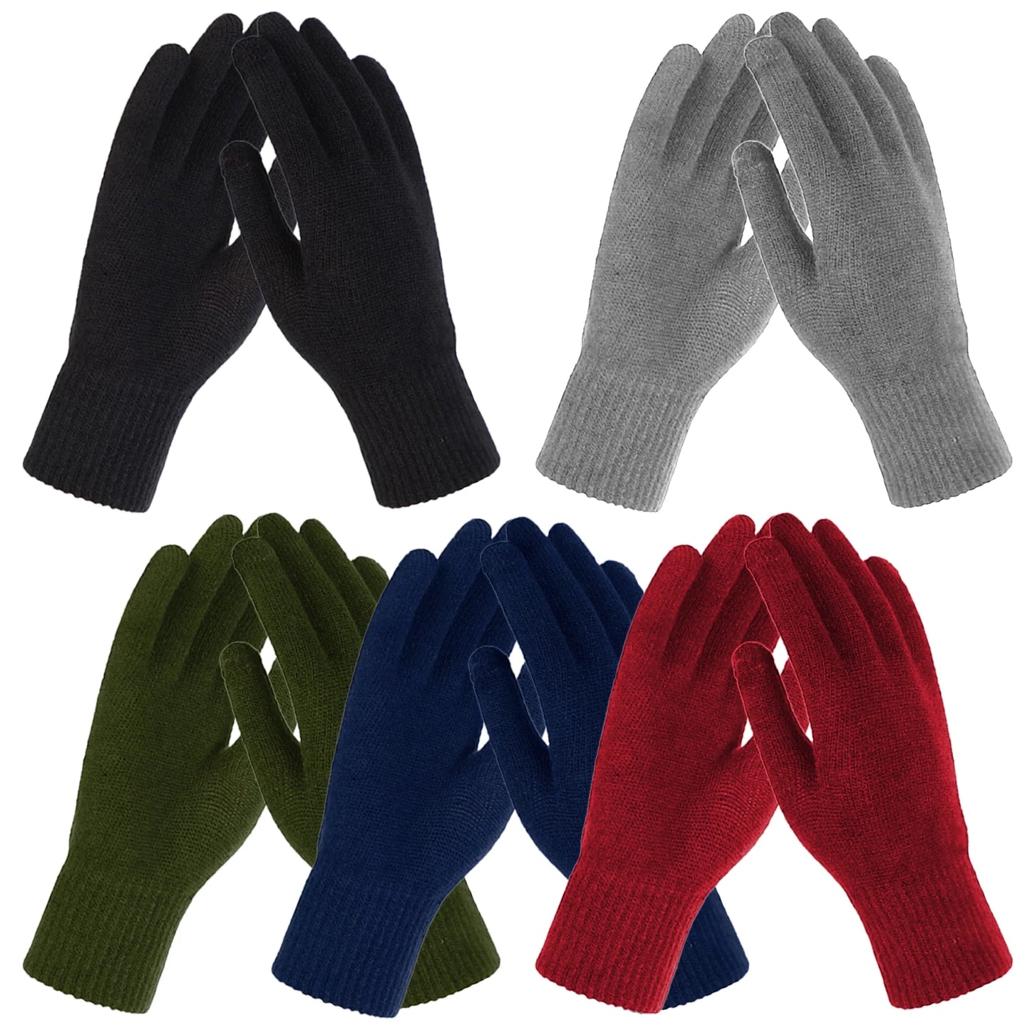 10 Pack of Bulk Wholesale Adult One Size Knit Stretch Cold Winter Weather Gloves for Men, Women, Teens, Homeless, Charity Donations for Harsh Temperatures in Black, Gray, Navy Blue, Red and Green