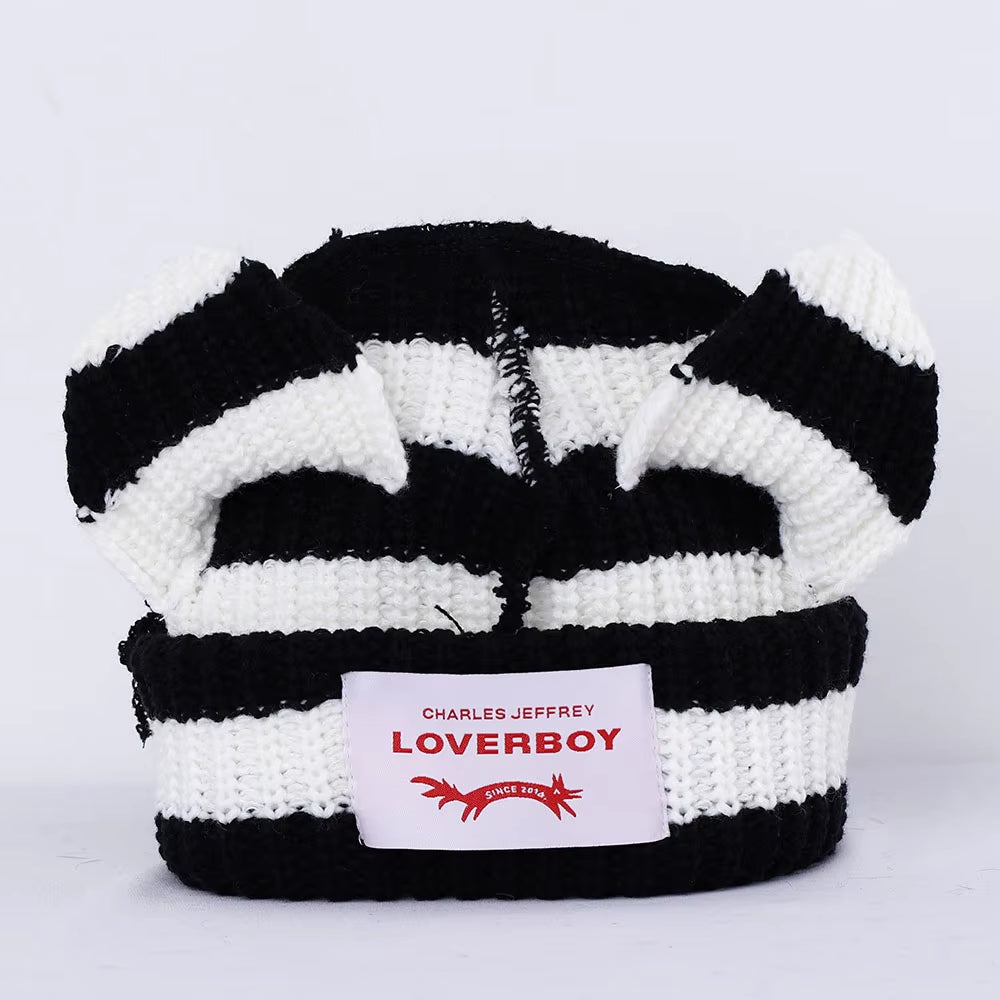 Loverboy Cat Ear Knit Hat Double-Layer Warm Pig Ear Woolen Hat Cute Fashion Hooded Cap Niche Design Hip-Hop Personality Cold Hat