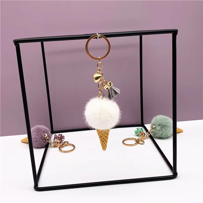 Ice Cream Pendant Rign Keychain Cute Cartoon Keychain Plush Bags Hang Cone Car Key Chain Ring Areata Creative Gift K3164