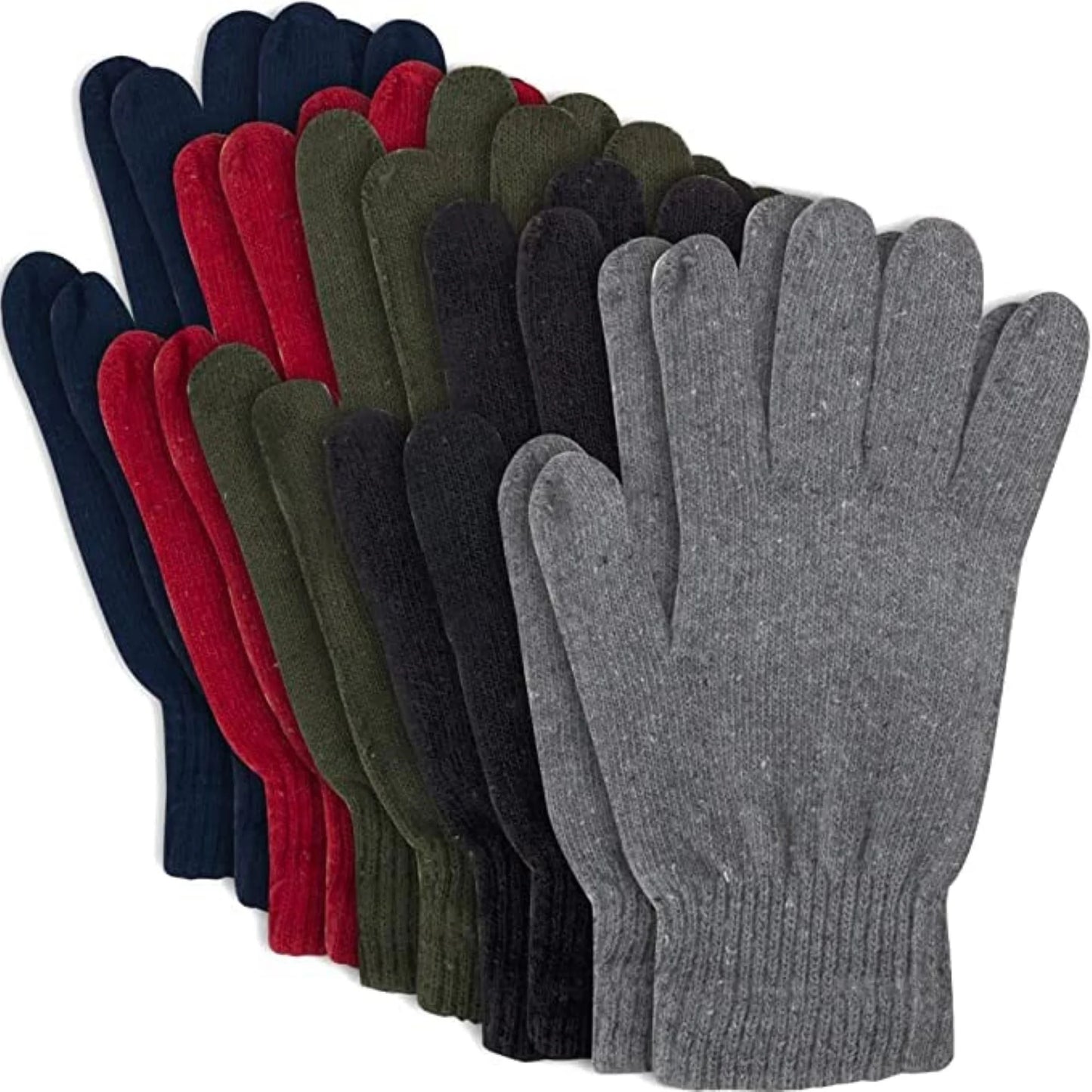 10 Pack of Bulk Wholesale Adult One Size Knit Stretch Cold Winter Weather Gloves for Men, Women, Teens, Homeless, Charity Donations for Harsh Temperatures in Black, Gray, Navy Blue, Red and Green