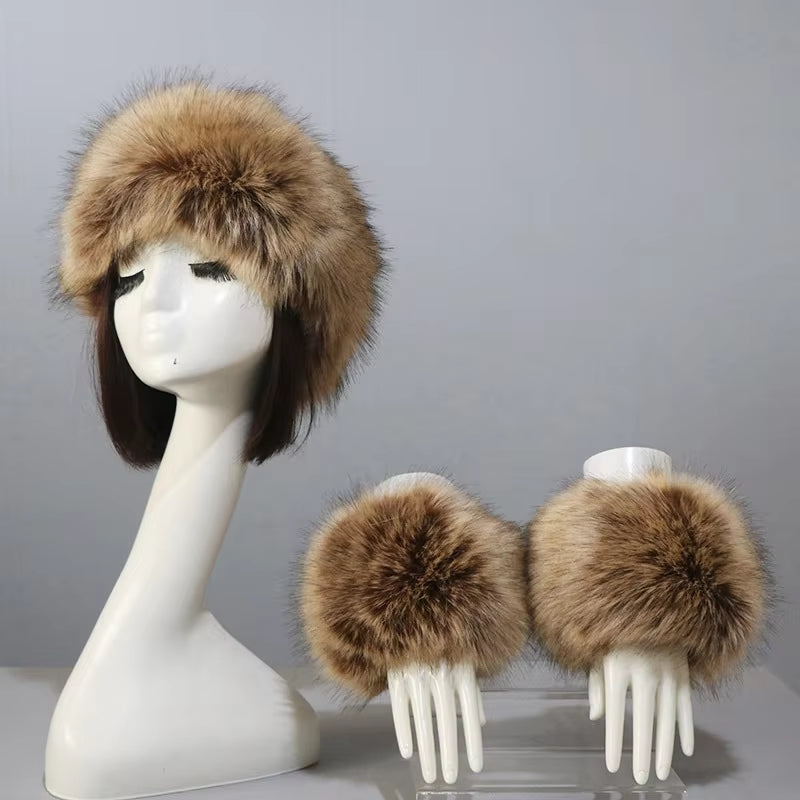 One Set Women Faux Fox Fur Cuffs + Headband Winter Warmer Hat Arm Wrist Sleeve Gloves Female Faux Fur Cap+Elastic Wristband