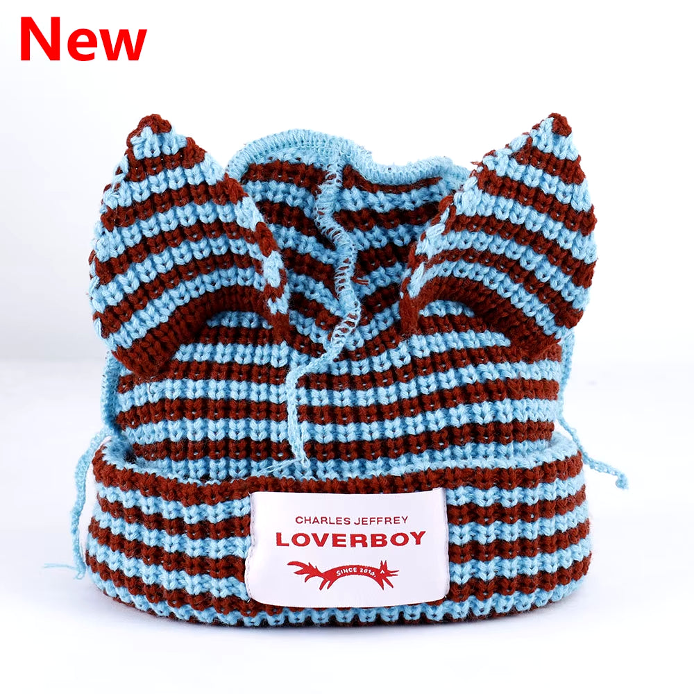 Loverboy Cat Ear Knit Hat Double-Layer Warm Pig Ear Woolen Hat Cute Fashion Hooded Cap Niche Design Hip-Hop Personality Cold Hat