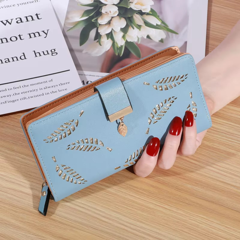 Women Wallet PU Leather Purse Female Long Wallet Gold Hollow Leaves Pouch Handbag for Women Coin Purse Card Holders Clutch