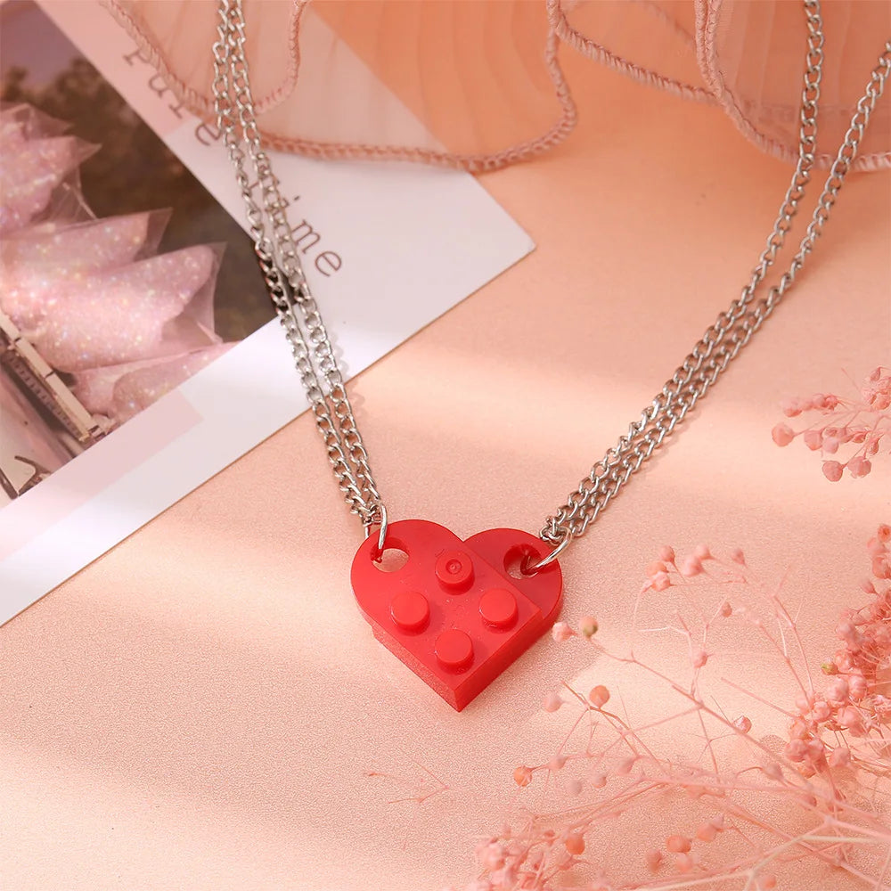 2Pcs Heart Brick Couples Love Necklace for Lovers Women Men Lego Elements Friends Necklaces Valentines Gift Jewelry