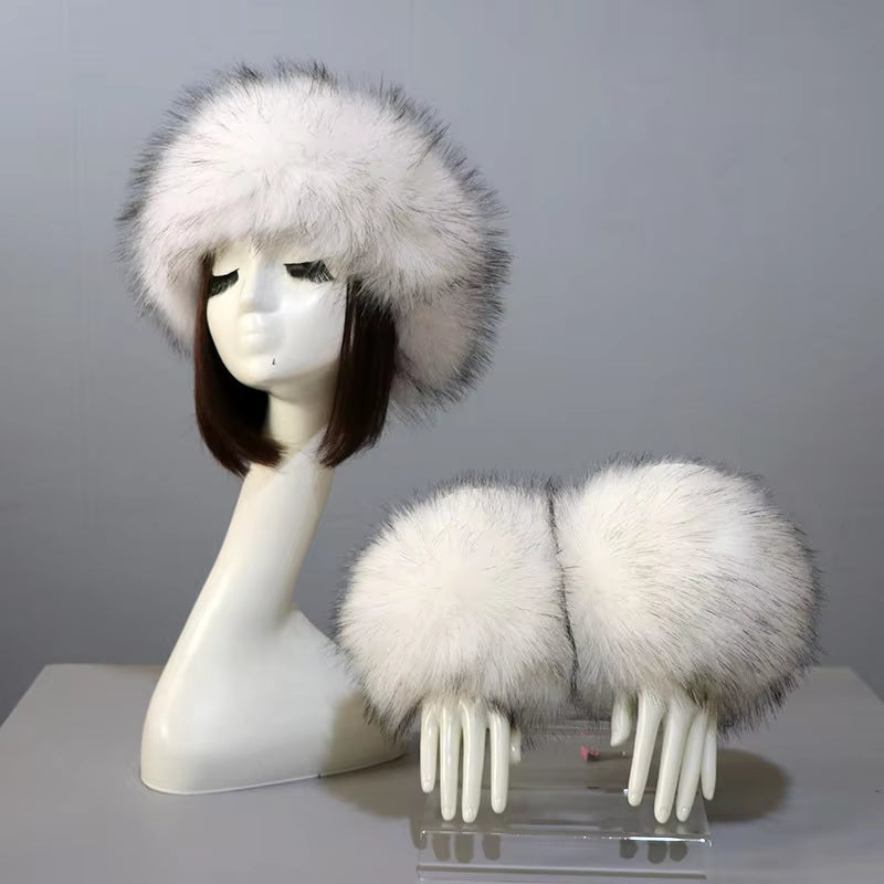 One Set Women Faux Fox Fur Cuffs + Headband Winter Warmer Hat Arm Wrist Sleeve Gloves Female Faux Fur Cap+Elastic Wristband