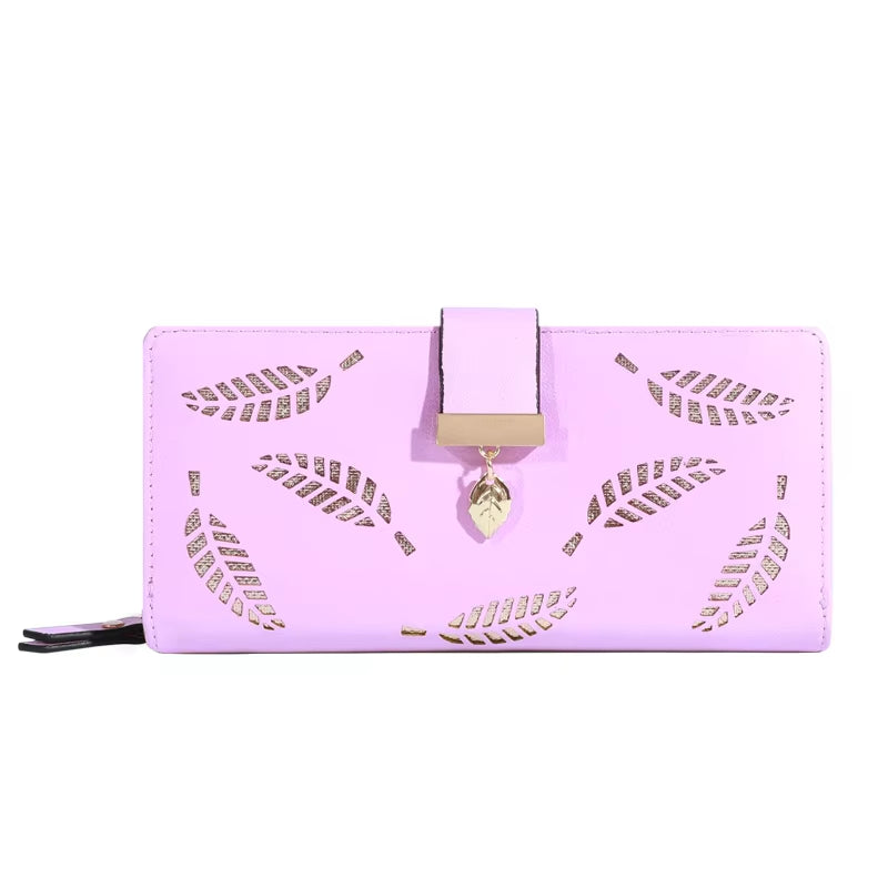 Women Wallet PU Leather Purse Female Long Wallet Gold Hollow Leaves Pouch Handbag for Women Coin Purse Card Holders Clutch