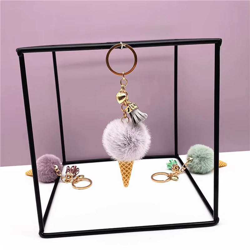 Ice Cream Pendant Rign Keychain Cute Cartoon Keychain Plush Bags Hang Cone Car Key Chain Ring Areata Creative Gift K3164