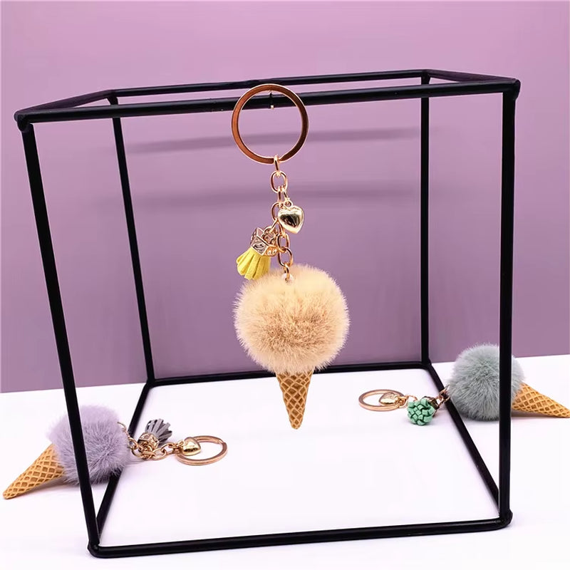 Ice Cream Pendant Rign Keychain Cute Cartoon Keychain Plush Bags Hang Cone Car Key Chain Ring Areata Creative Gift K3164