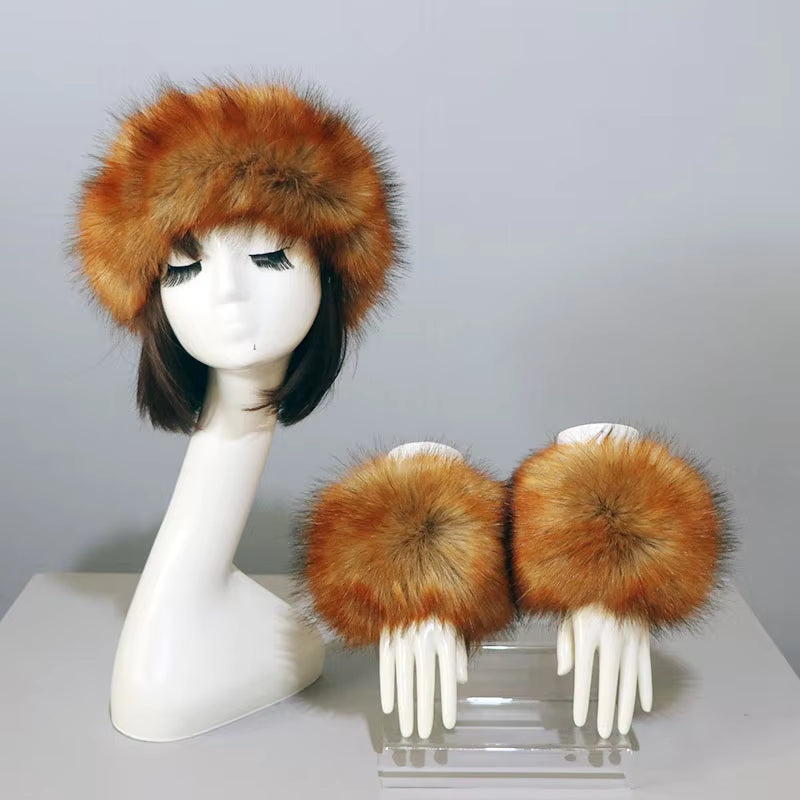 One Set Women Faux Fox Fur Cuffs + Headband Winter Warmer Hat Arm Wrist Sleeve Gloves Female Faux Fur Cap+Elastic Wristband