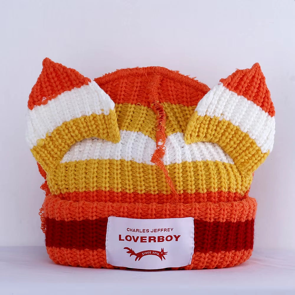 Loverboy Cat Ear Knit Hat Double-Layer Warm Pig Ear Woolen Hat Cute Fashion Hooded Cap Niche Design Hip-Hop Personality Cold Hat