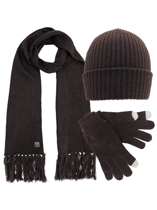 Ivory Ribbed Knit Men'S 3 Piece Hat Scarf & Texting Gloves Set