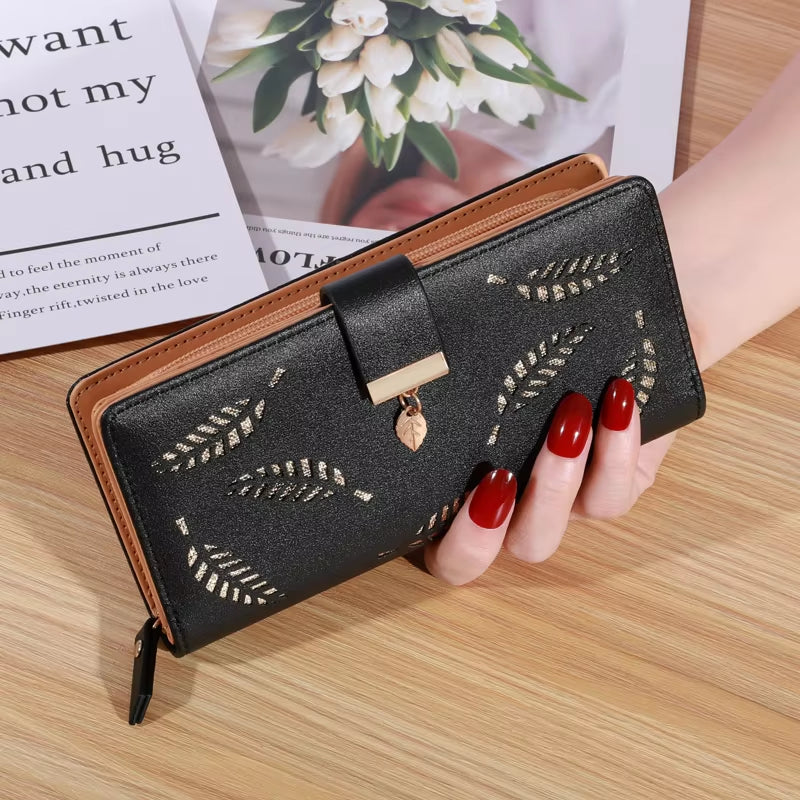 Women Wallet PU Leather Purse Female Long Wallet Gold Hollow Leaves Pouch Handbag for Women Coin Purse Card Holders Clutch