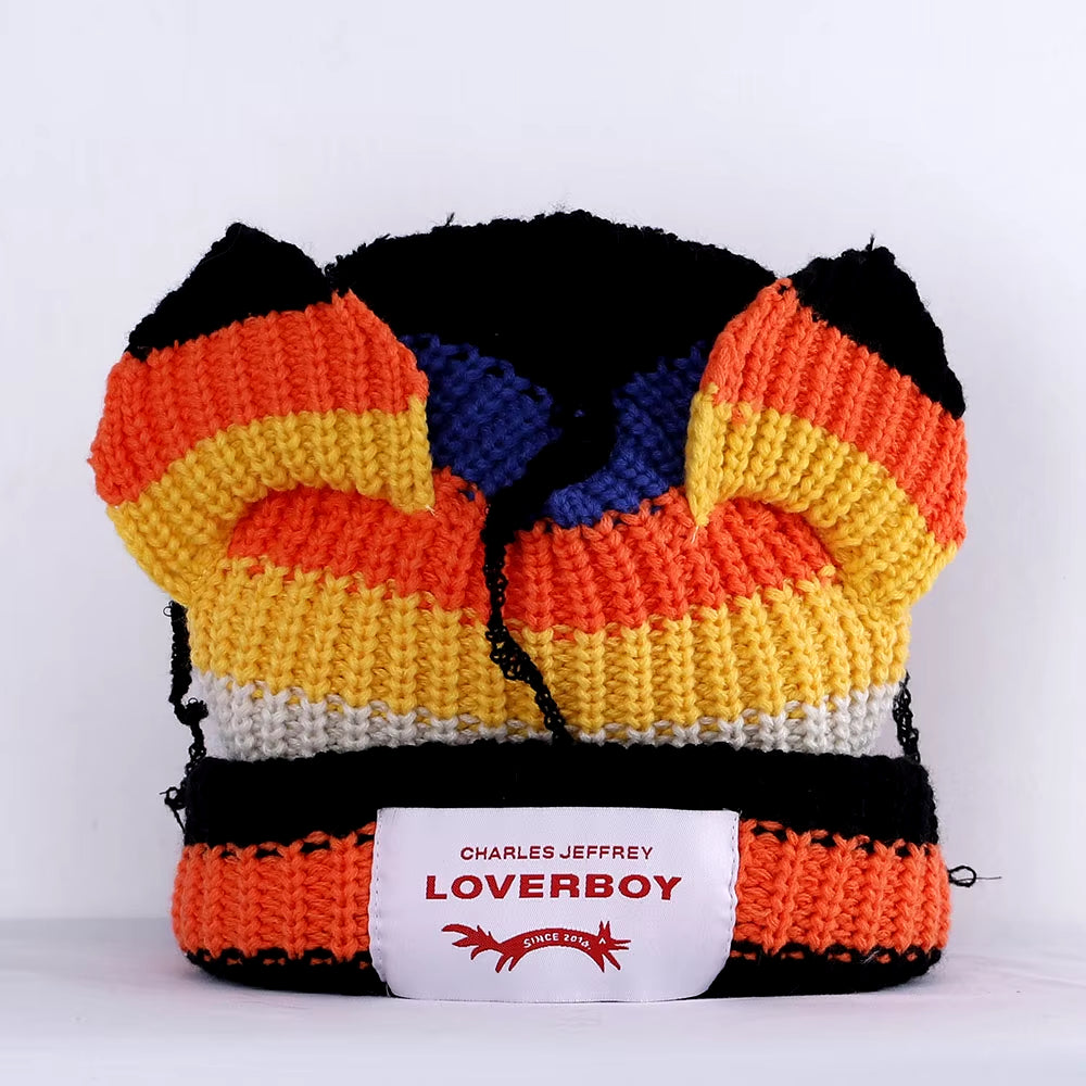 Loverboy Cat Ear Knit Hat Double-Layer Warm Pig Ear Woolen Hat Cute Fashion Hooded Cap Niche Design Hip-Hop Personality Cold Hat